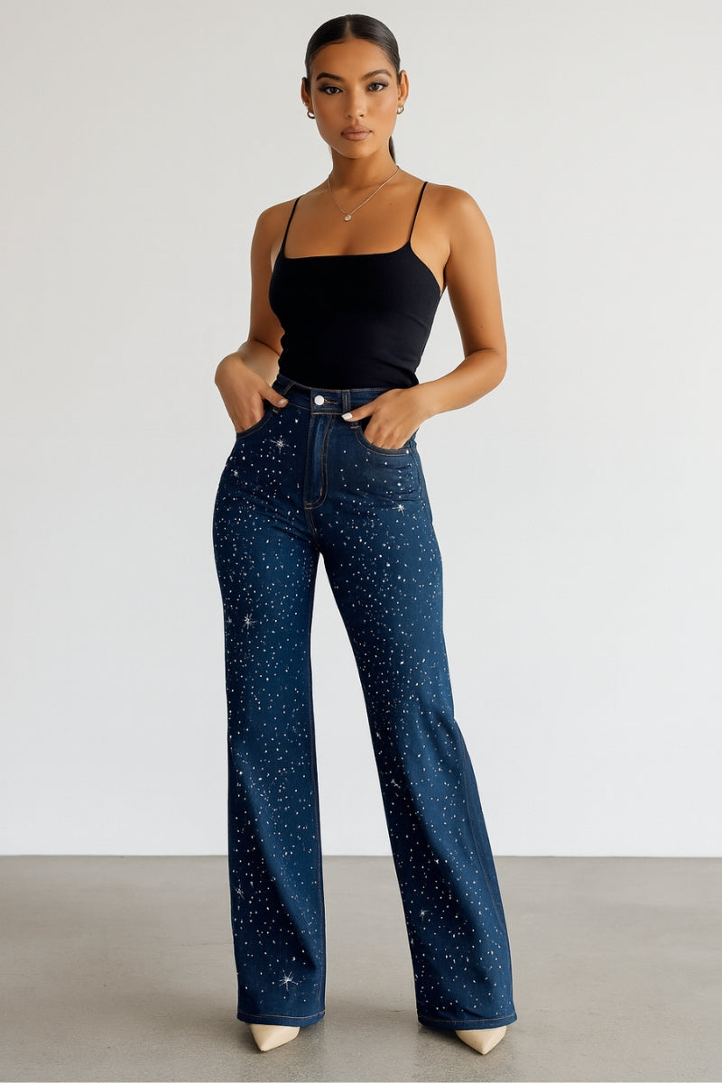 High Waisted Rhinestone Wide Leg Jeans – Made in USA