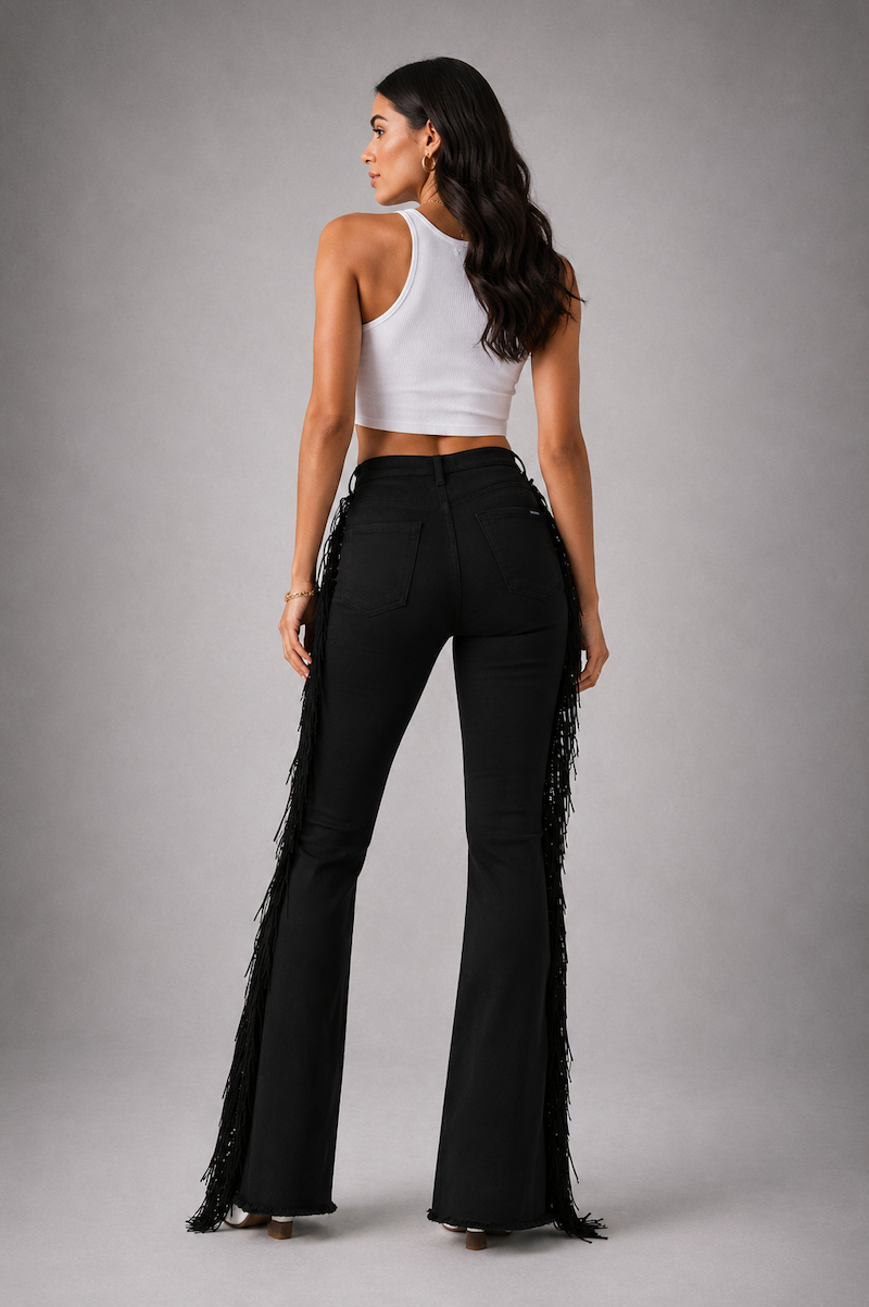 Made in USA Mid-Rise Black Bell Bottom Jeans with Fringe & Stud Detail