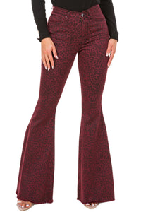 Leopard Print Bell Bottom Jean in Burgundy