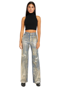 Metallic Gold Foil Washed Wide-Leg Jeans