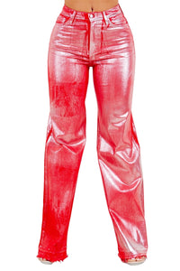 Metallic Wide Leg Jean in Red