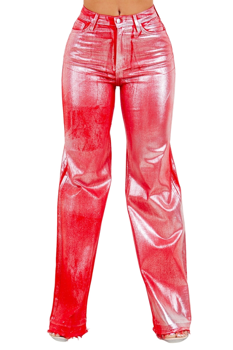 Metallic Wide Leg Jean in Red