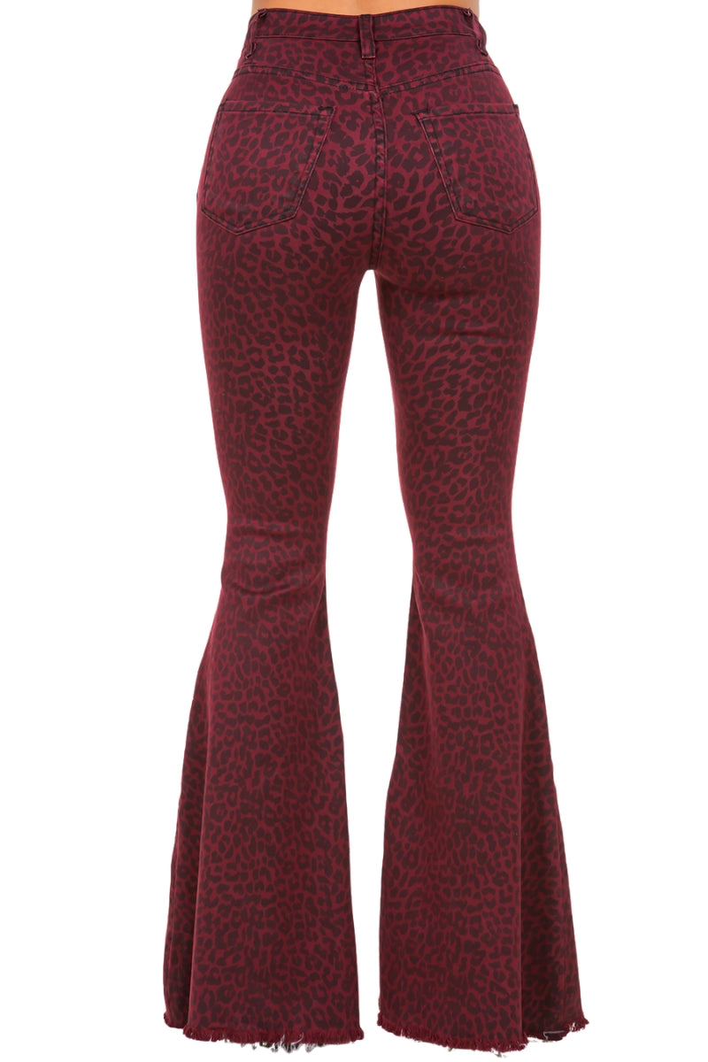 Leopard Print Bell Bottom Jean in Burgundy