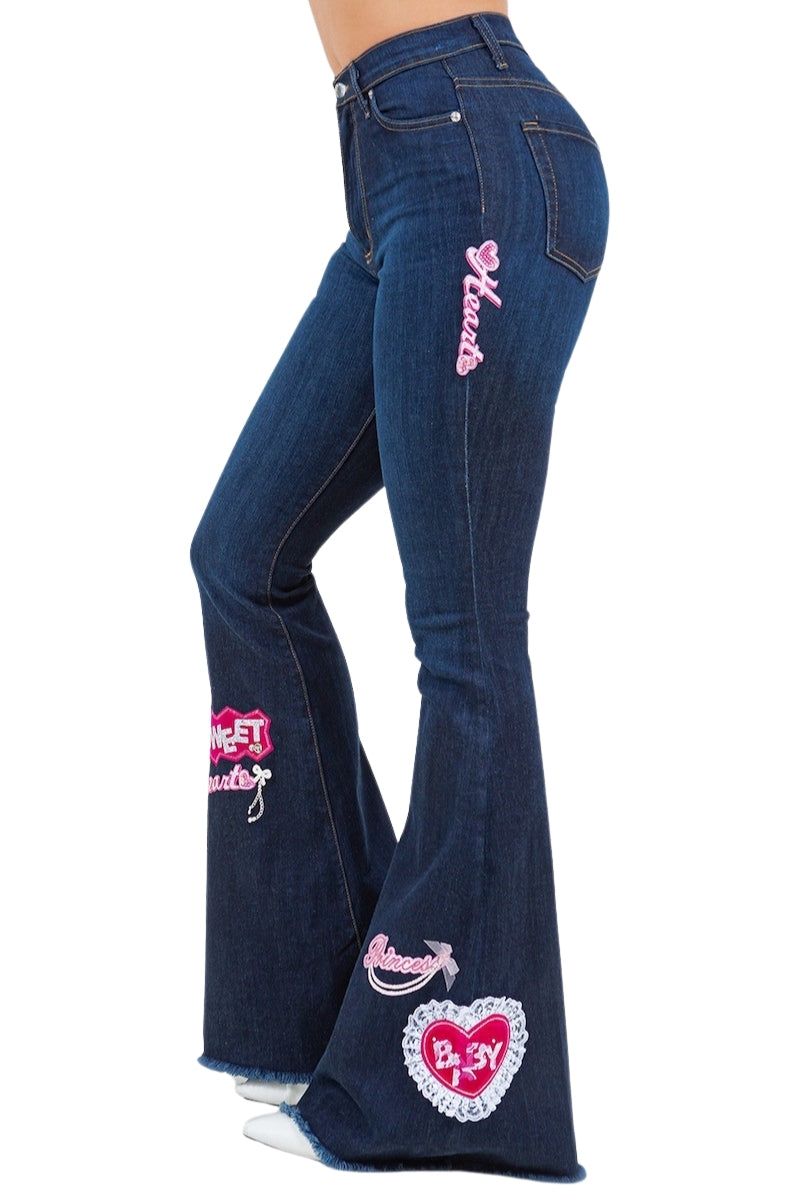 Sweet Heart Bell Bottom Jean in Dark Blue