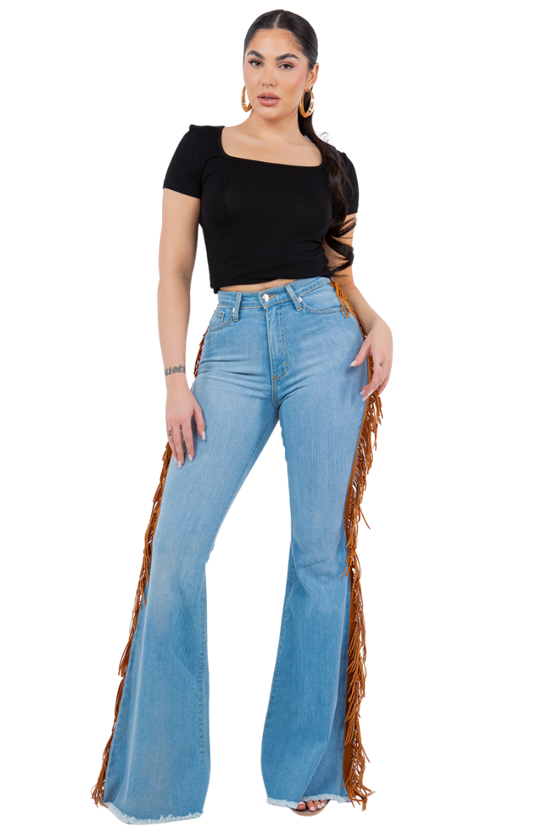 Fringe Bell Bottom Jean in Light Denim