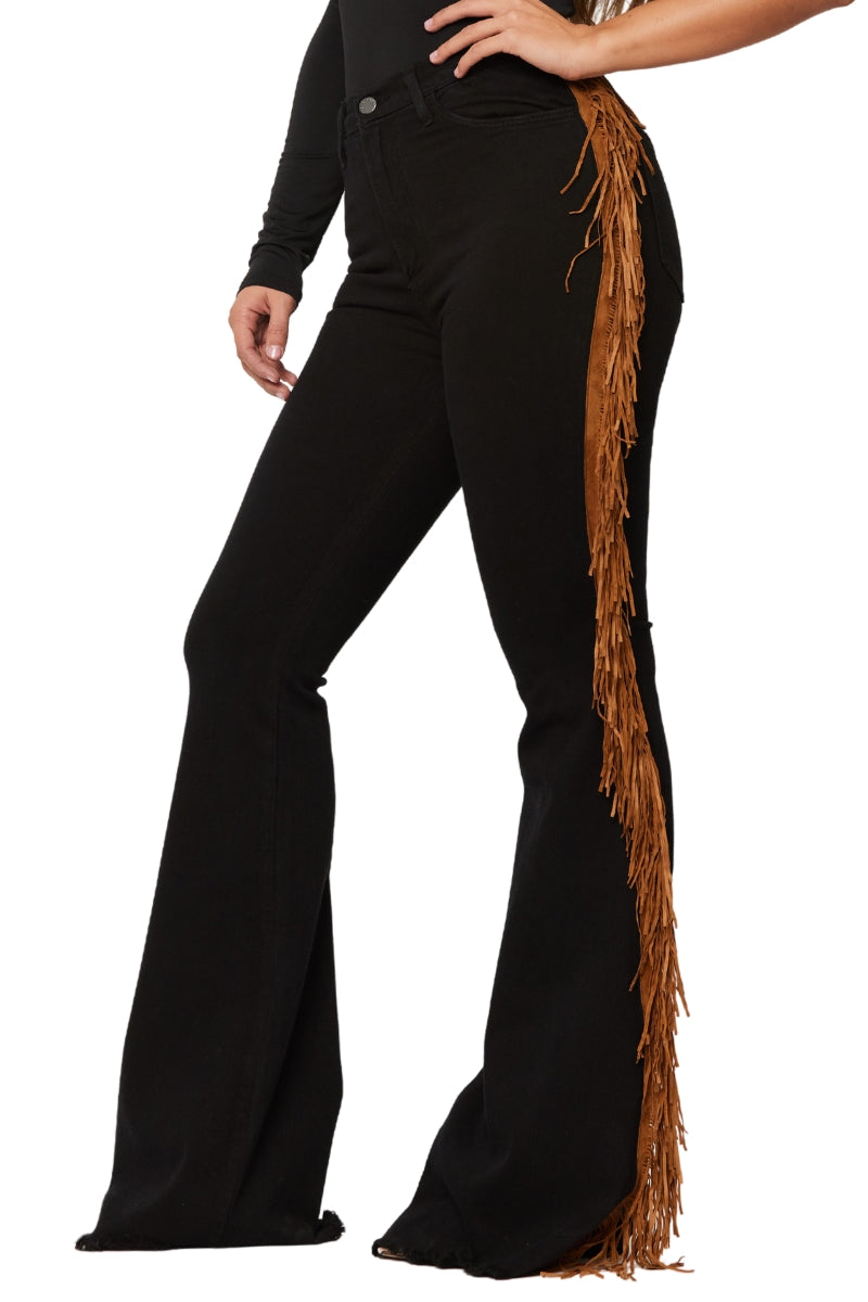 Fringe Bell Bottom Jean in Black Denim