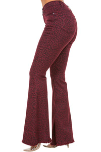 Leopard Print Bell Bottom Jean in Burgundy