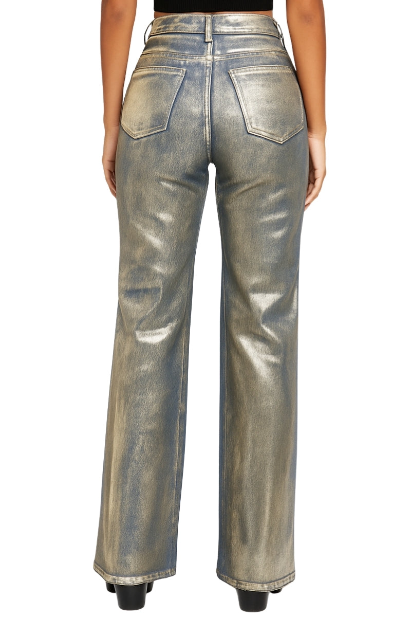 Metallic Gold Foil Washed Wide-Leg Jeans