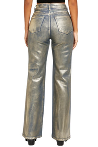 Metallic Gold Foil Washed Wide-Leg Jeans