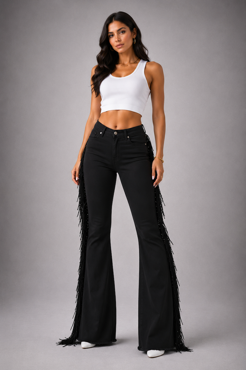 Made in USA Mid-Rise Black Bell Bottom Jeans with Fringe & Stud Detail