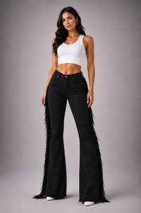 Made in USA Mid-Rise Black Bell Bottom Jeans with Fringe & Stud Detail
