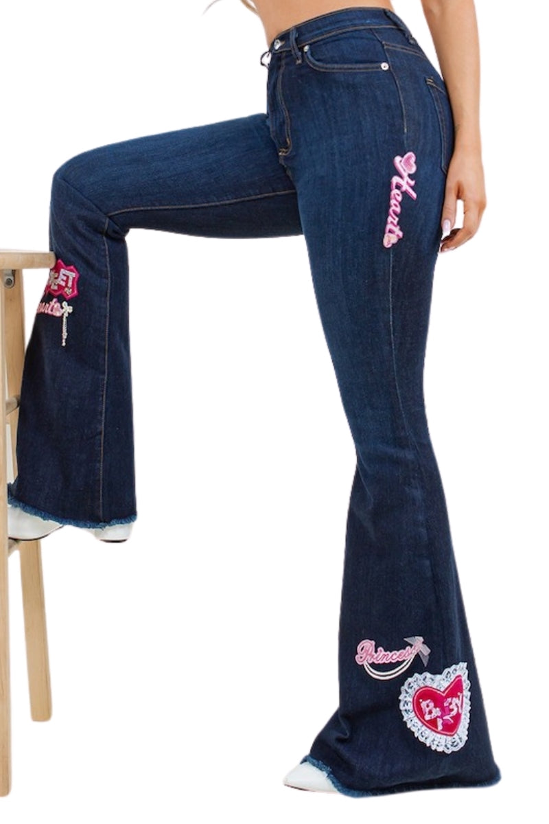 Sweet Heart Bell Bottom Jean in Dark Blue