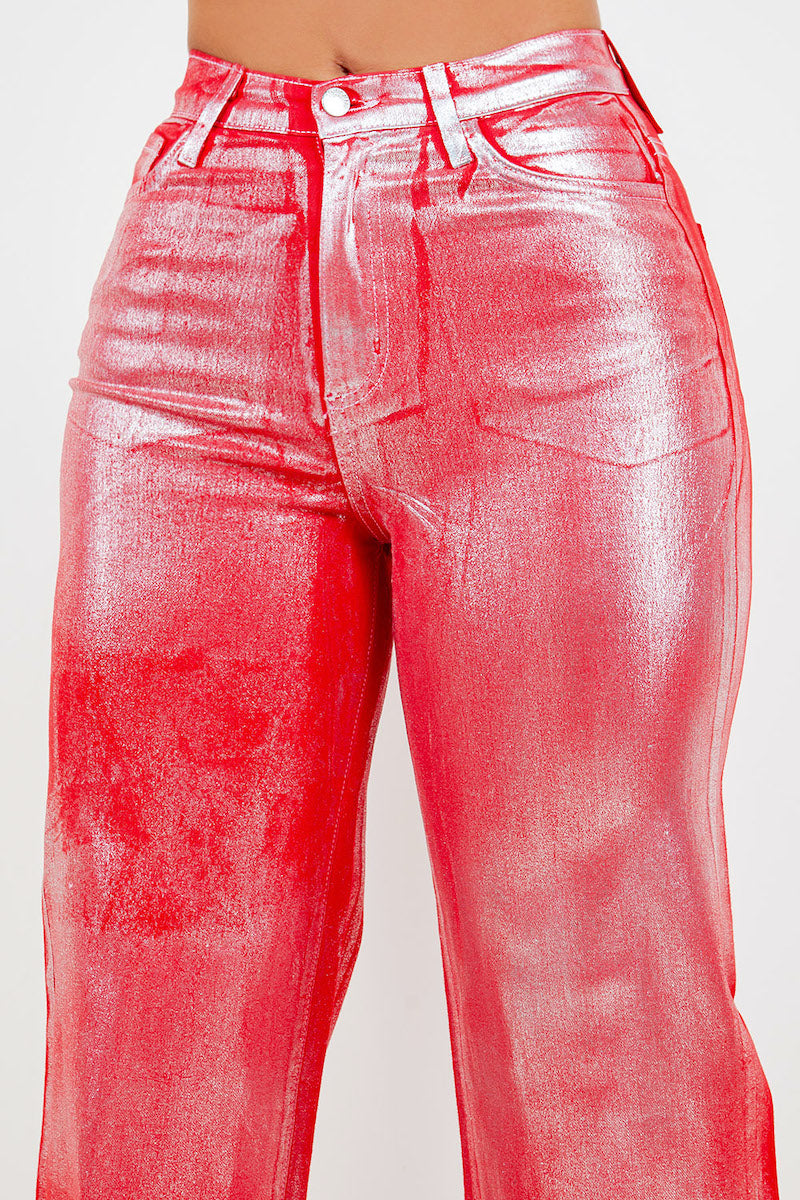 Metallic Wide Leg Jean in Red