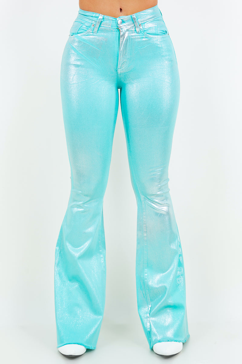 Metallic Bell Bottom Jean in Turquoise