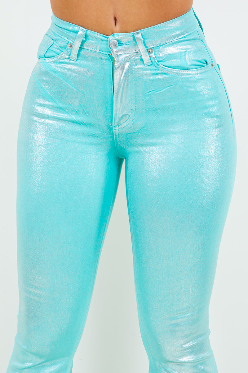 Metallic Bell Bottom Jean in Turquoise