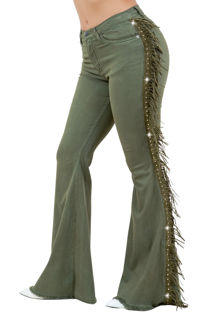 Texas Sun Fringe Bell Bottom Jean in Olive