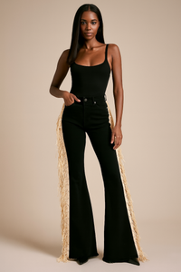 Made in USA Mid-Rise Black Bell Bottom Jeans with Beige Fringe & Stud Detail