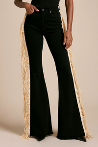 Made in USA Mid-Rise Black Bell Bottom Jeans with Beige Fringe & Stud Detail