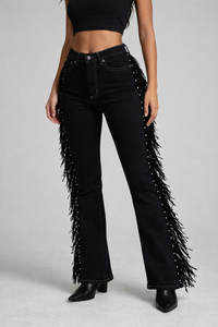 Made in USA Mid-Rise Black Boot Cut Jean with Fringe & Stud Detail