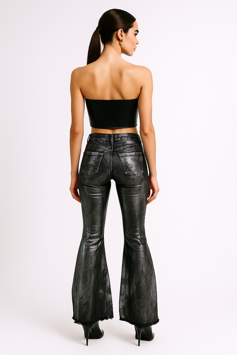 Metallic Bell Bottom Jean in Black Denim
