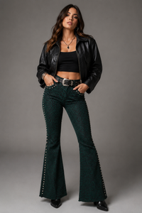 Studded Bell Bottom Jean in Leopard Green