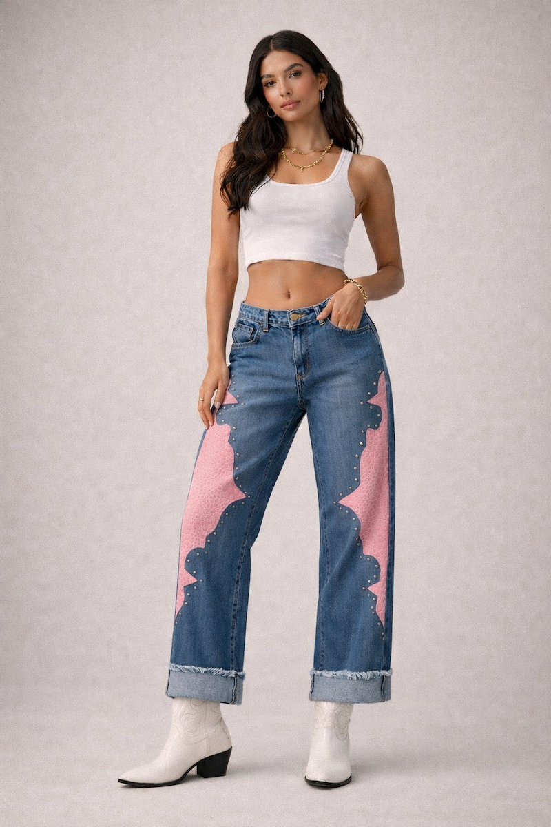 Low Rise Cuffed  Western Jean with Pink Vinyl Croc Panels
