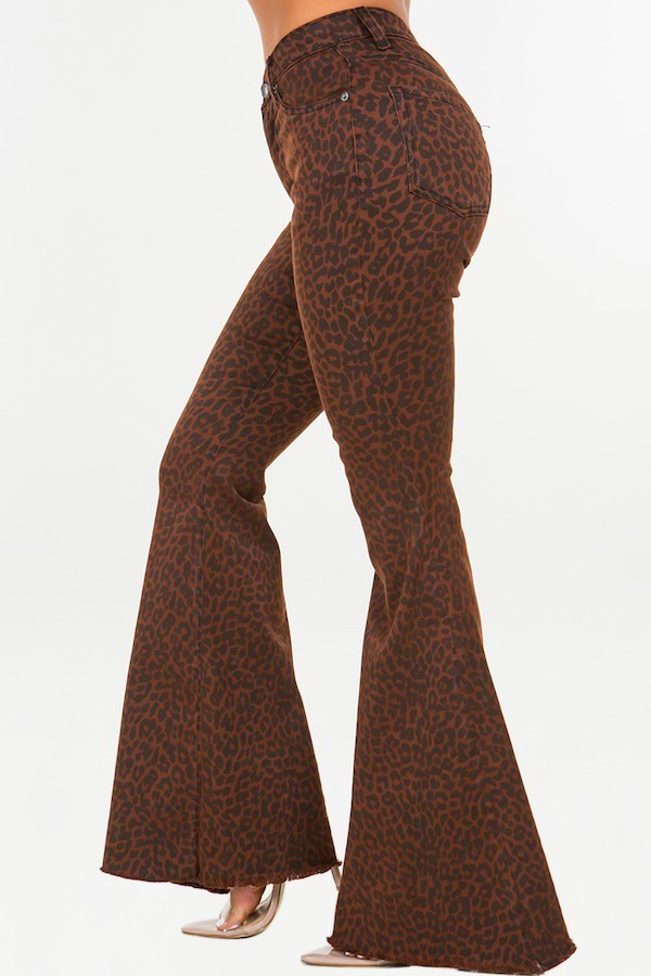 Leopard Print Bell Bottom Jean in Brown