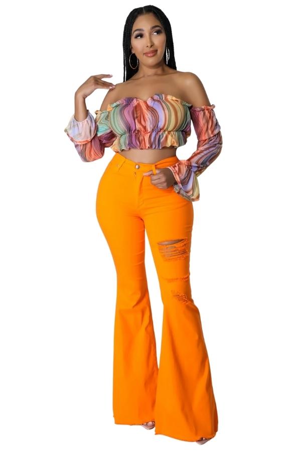 Orange Ripped Bell Bottom Jean in Orange