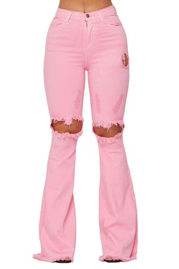 KNEE RIP FLARE JEAN IN BUBBLE GUM PINK