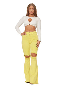 KNEE RIP FLARE JEAN IN YELLOW