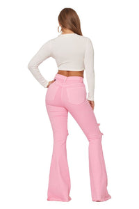 KNEE RIP FLARE JEAN IN BUBBLE GUM PINK