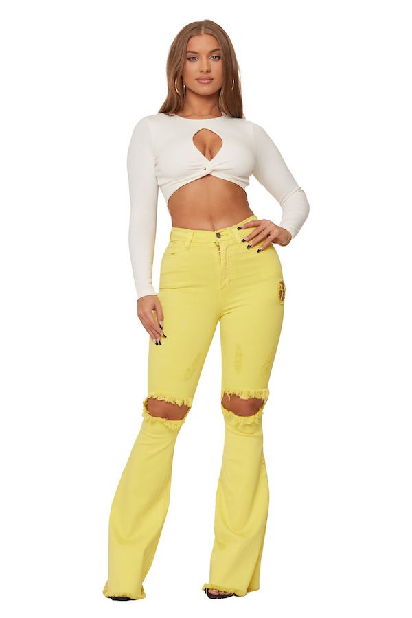 KNEE RIP FLARE JEAN IN YELLOW