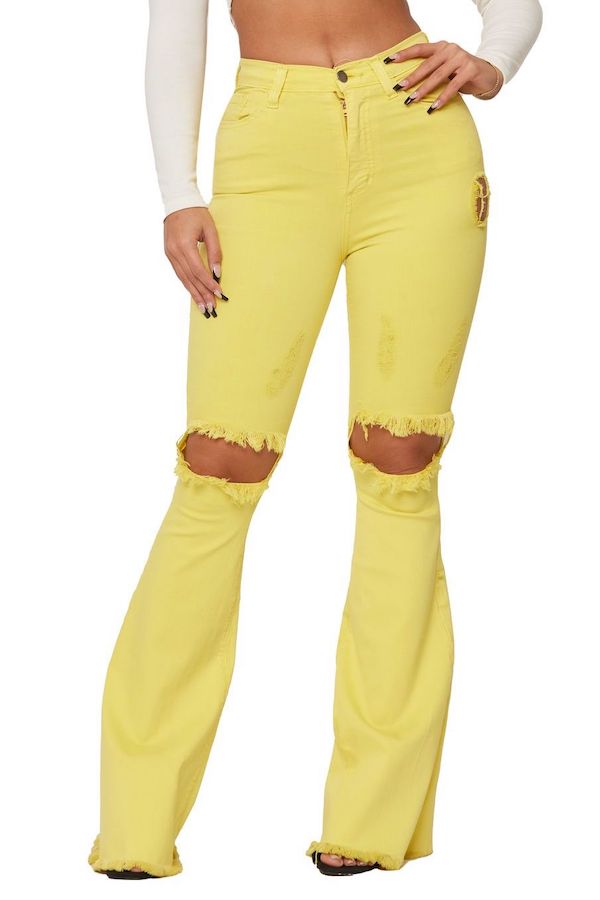 KNEE RIP FLARE JEAN IN YELLOW